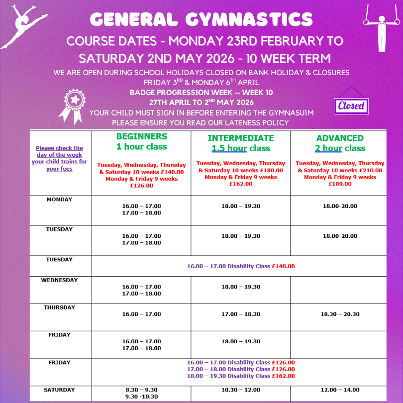 General Gymnastics Course 23rd February 2nd May 2026